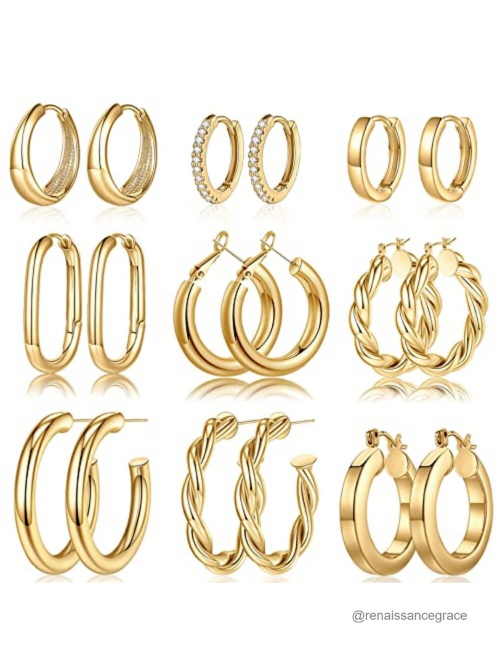 14K Gold Plated Chunky Hoop Earrings Set 9 Pairs Hypoallergenic